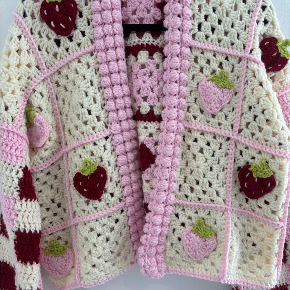 Handmade Crochet Strawberry Picnic Cardigan Checkerboard Pattern - Picture 2 of 12